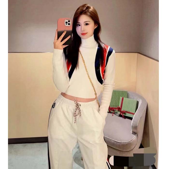 Gucci Women GG Viscose Knit Top Ivory High Neck Long Sleeves Cropped Length
