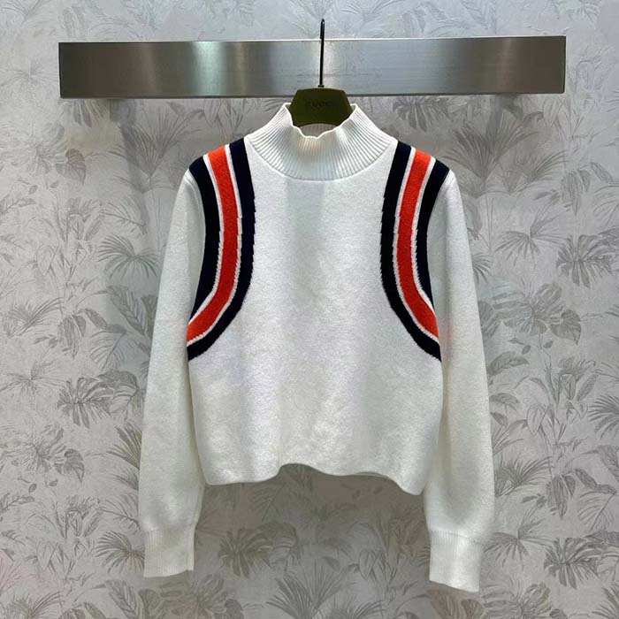 Gucci Men GG Viscose Knit Top Ivory High Neck Long Sleeves Cropped Length