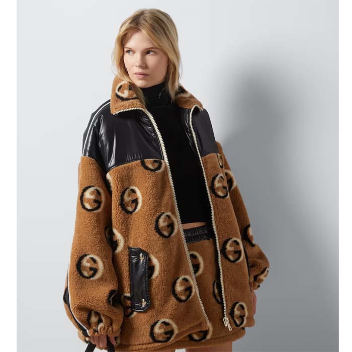 Gucci Women GG Wool Fleece Jacquard Zip Jacket Lined High Neck Dropped Shoulder Nylon Inserts