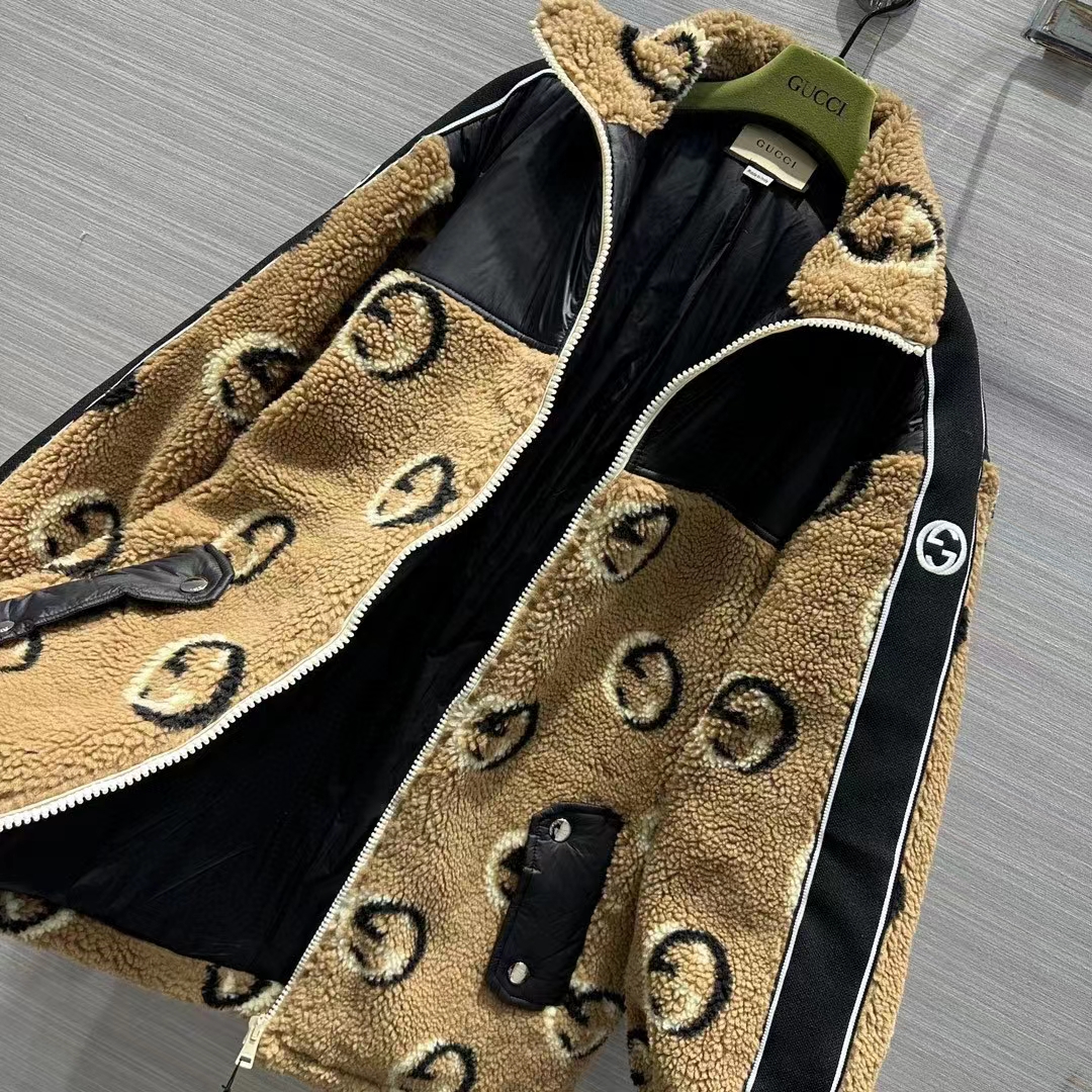 Gucci Women GG Wool Fleece Jacquard Zip Jacket Lined High Neck Dropped Shoulder Nylon Inserts