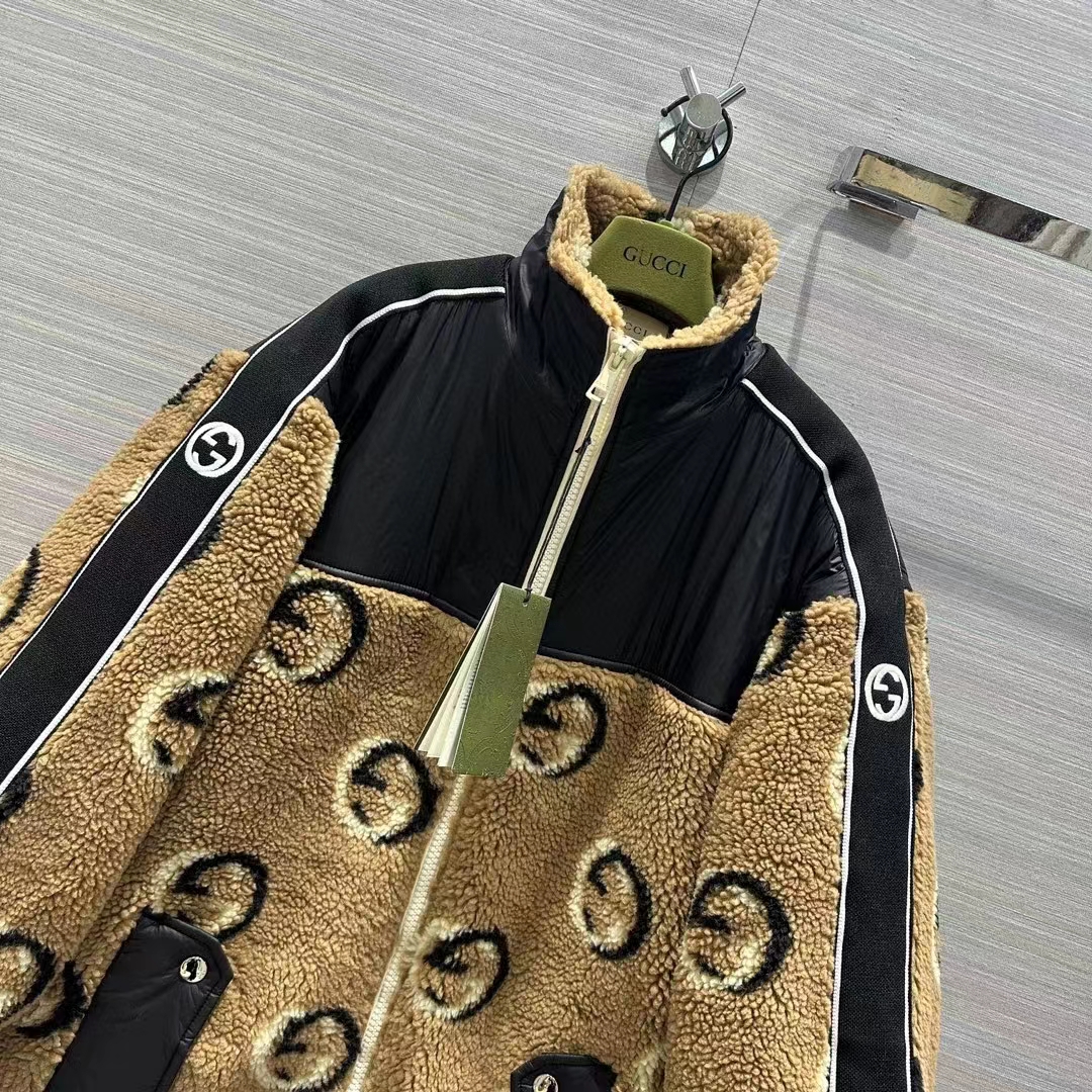 Gucci Women GG Wool Fleece Jacquard Zip Jacket Lined High Neck Dropped Shoulder Nylon Inserts
