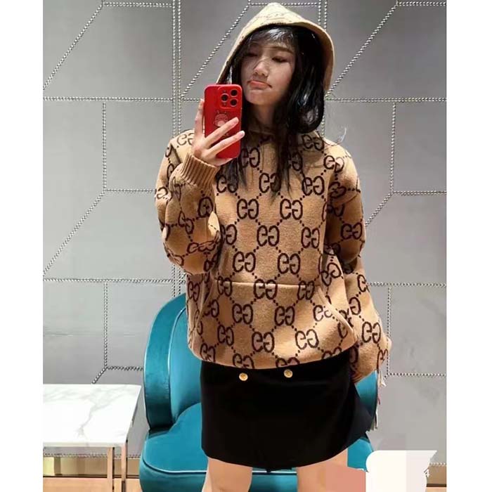 Gucci Women GG Wool Hooded Sweatshirt Camel Ebony Fixed Hood Kangaroo Pocket Rib
