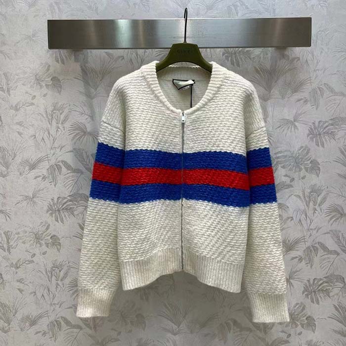 Gucci Men GG Wool Mohair Cardigan Web Knitted Collar Dropped Shoulder Long Sleeves