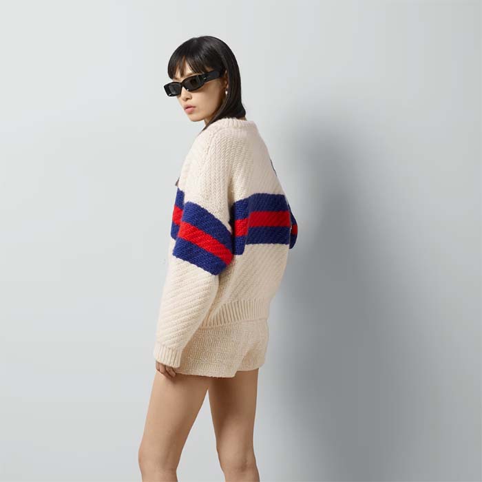 Gucci Women GG Wool Mohair Cardigan Web Knitted Collar Dropped Shoulder Long Sleeves