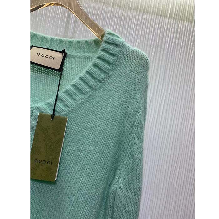 Gucci Men GG Wool Mohair Sweater Crystal G Blue V-Neck Dropped Shoulder Long Sleeves