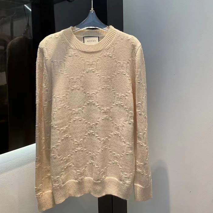 Gucci Men GG Wool Sweater Cream Crewneck Dropped Shoulder Long Sleeves