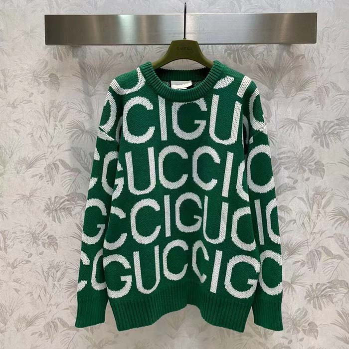 Gucci Men GG Wool Sweater Gucci Intarsia Green Crewneck Dropped Shoulder