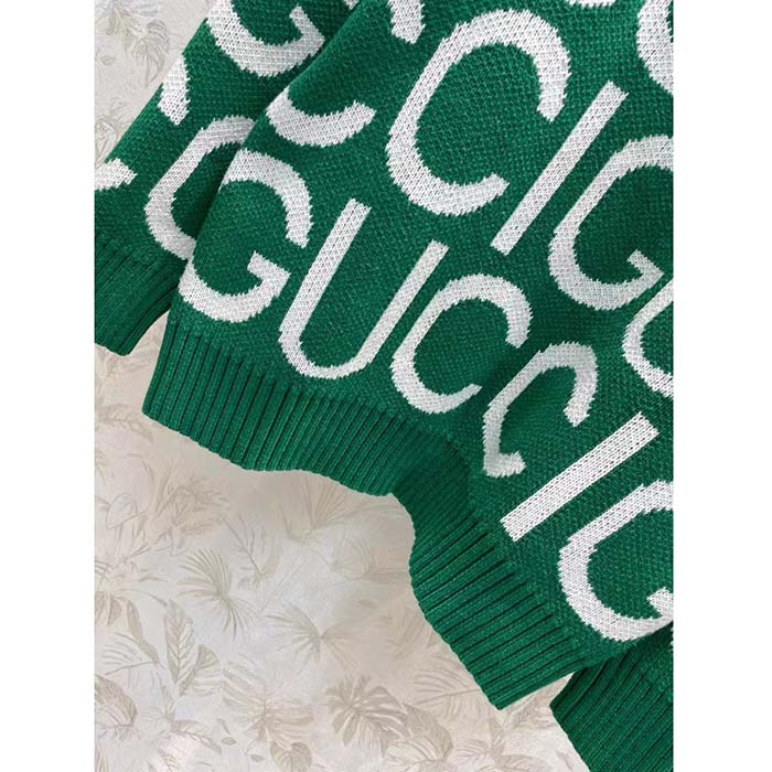 Gucci Men GG Wool Sweater Gucci Intarsia Green Crewneck Dropped Shoulder
