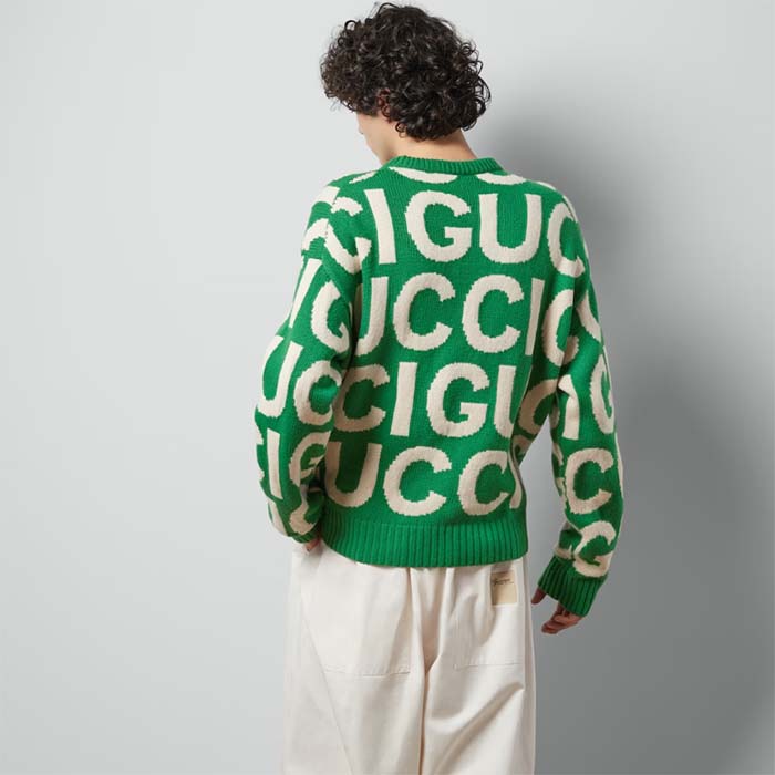 Gucci Men GG Wool Sweater Gucci Intarsia Green Crewneck Dropped Shoulder