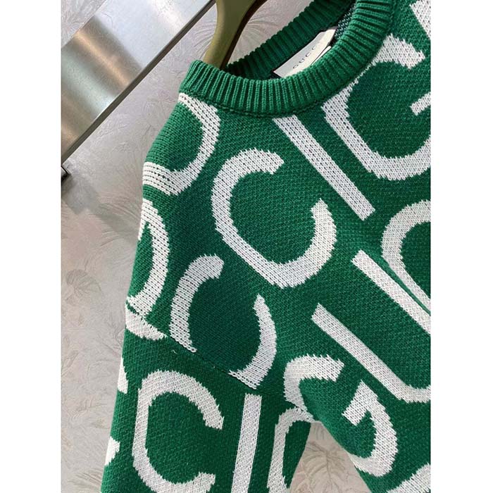 Gucci Men GG Wool Sweater Gucci Intarsia Green Crewneck Dropped Shoulder
