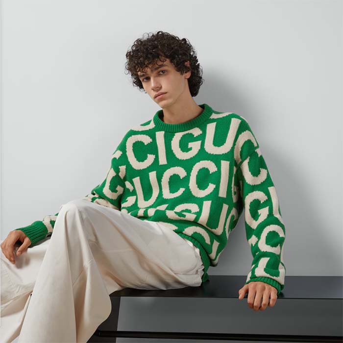 Gucci Men GG Wool Sweater Gucci Intarsia Green Crewneck Dropped Shoulder