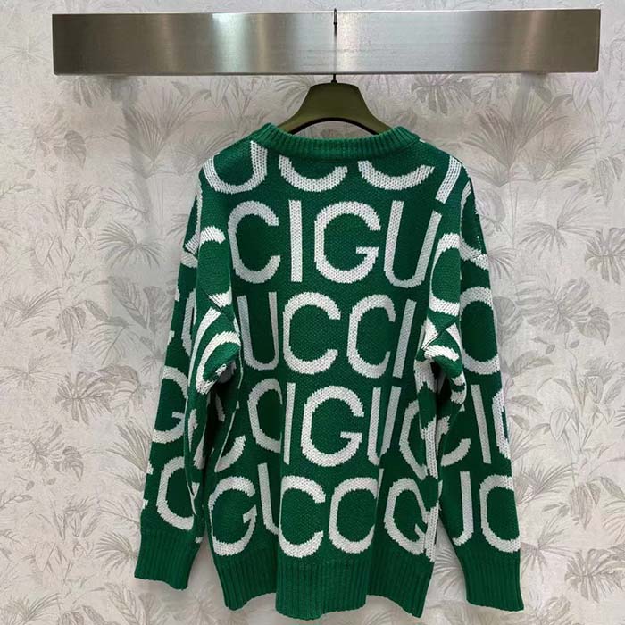 Gucci Men GG Wool Sweater Gucci Intarsia Green Crewneck Dropped Shoulder