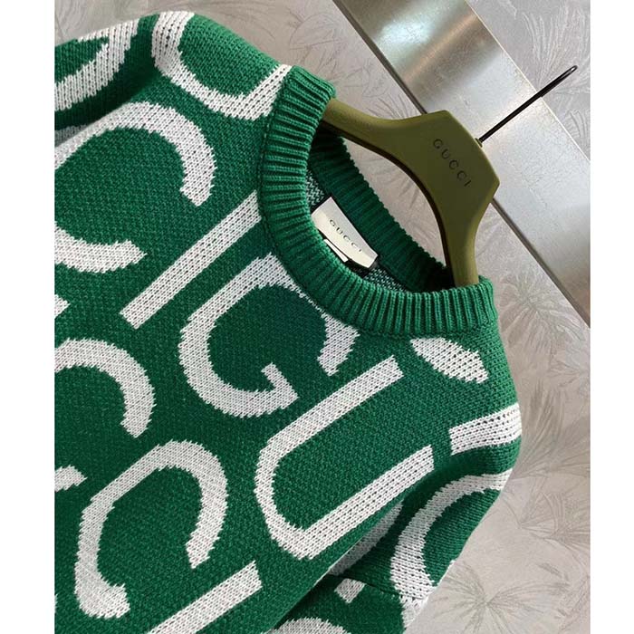 Gucci Men GG Wool Sweater Gucci Intarsia Green Crewneck Dropped Shoulder