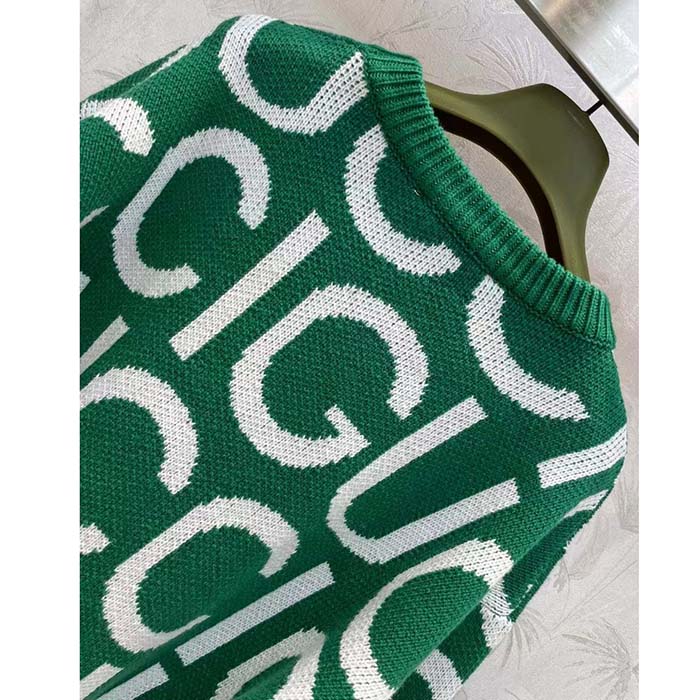 Gucci Men GG Wool Sweater Gucci Intarsia Green Crewneck Dropped Shoulder