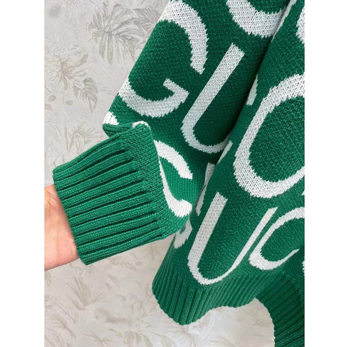 Gucci Men GG Wool Sweater Gucci Intarsia Green Crewneck Dropped Shoulder