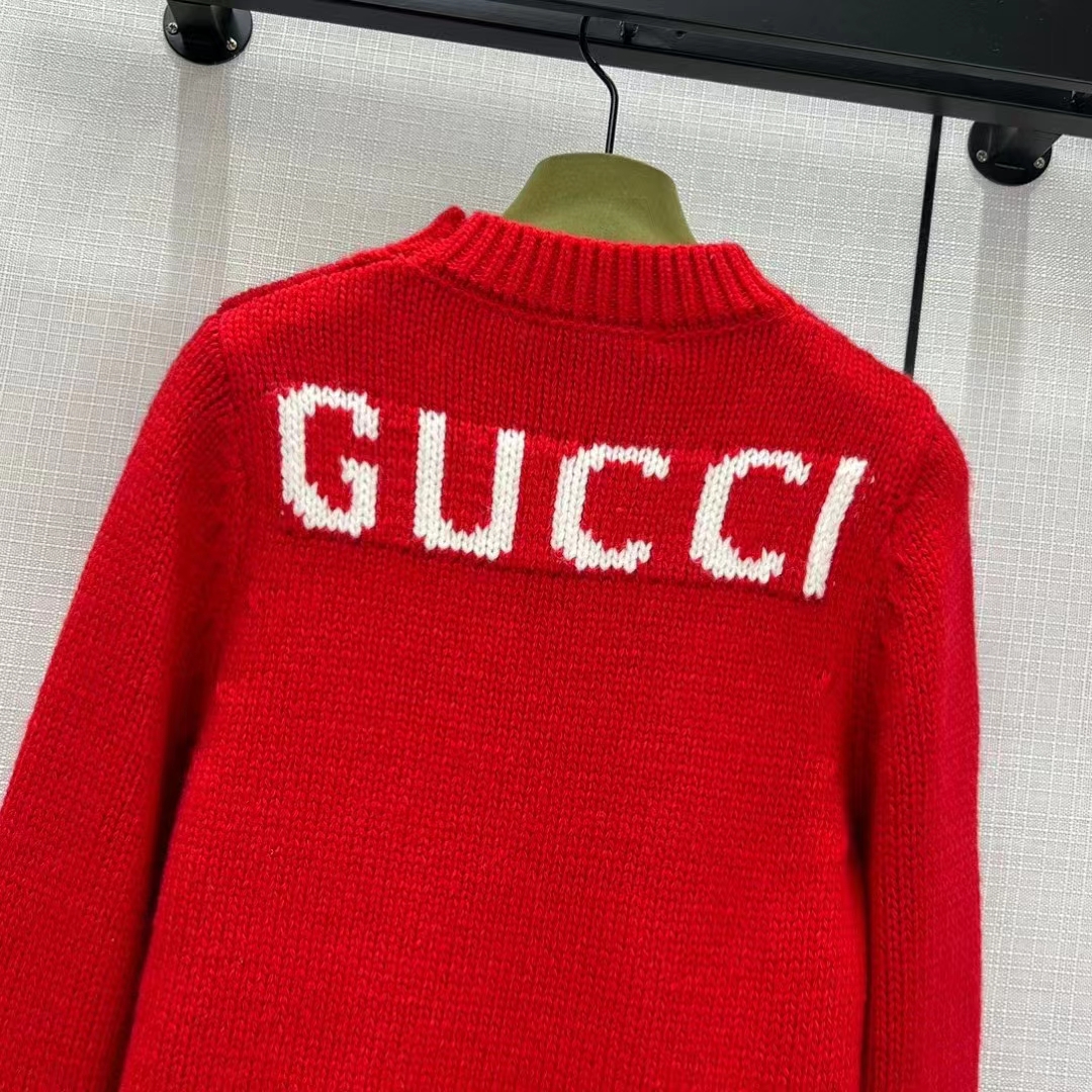 Gucci Women GG Wool Top Gucci Intarsia Red Crewneck Dropped Shoulder Long Sleeves