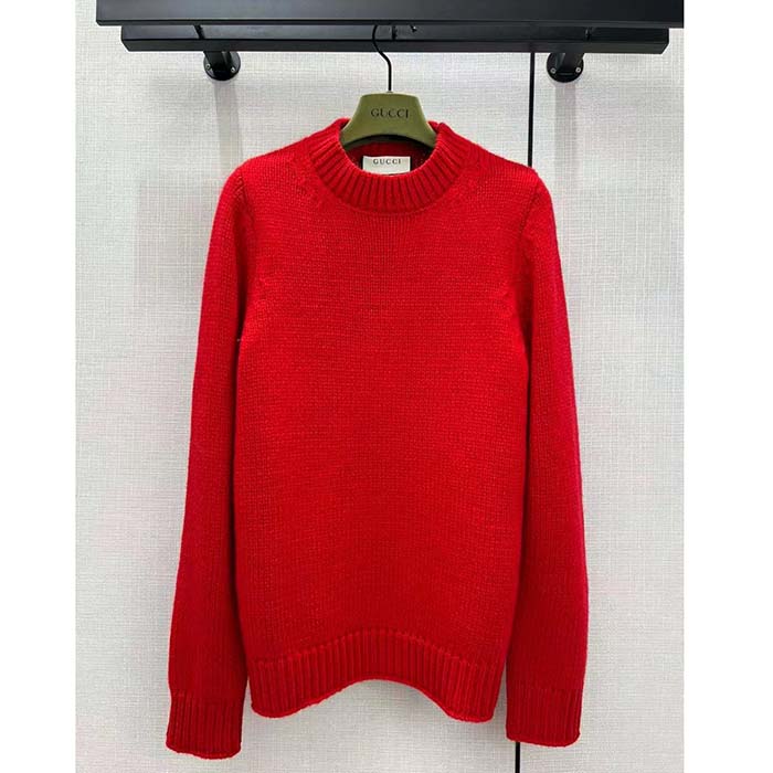 Gucci Women GG Wool Top Gucci Intarsia Red Crewneck Dropped Shoulder Long Sleeves