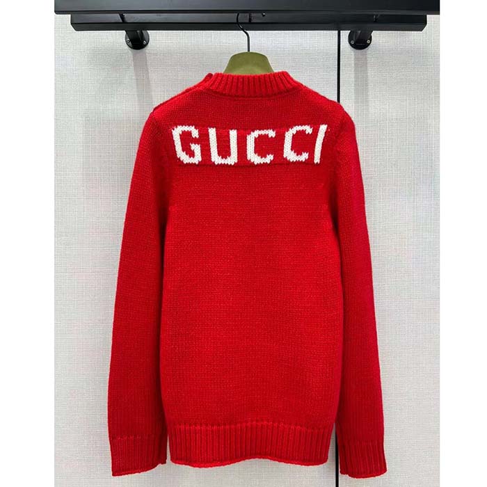 Gucci Women GG Wool Top Gucci Intarsia Red Crewneck Dropped Shoulder Long Sleeves