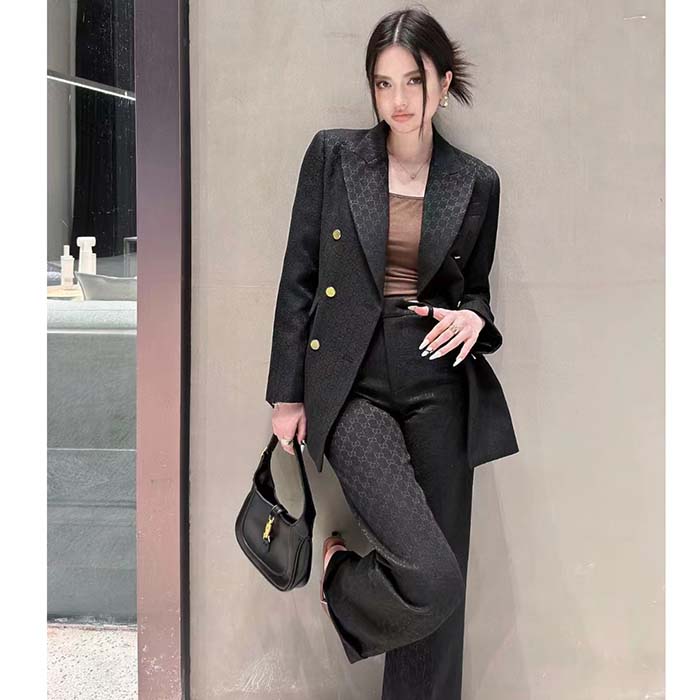 Gucci Women Light GG Canvas Single-Breasted Jacket Peak Lapel Flap Pockets