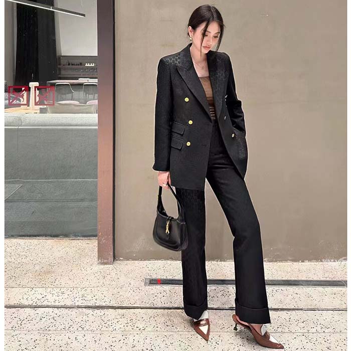 Gucci Women Light GG Canvas Single-Breasted Jacket Peak Lapel Flap Pockets