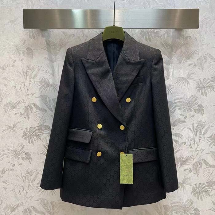 Gucci Women Light GG Canvas Single-Breasted Jacket Peak Lapel Flap Pockets