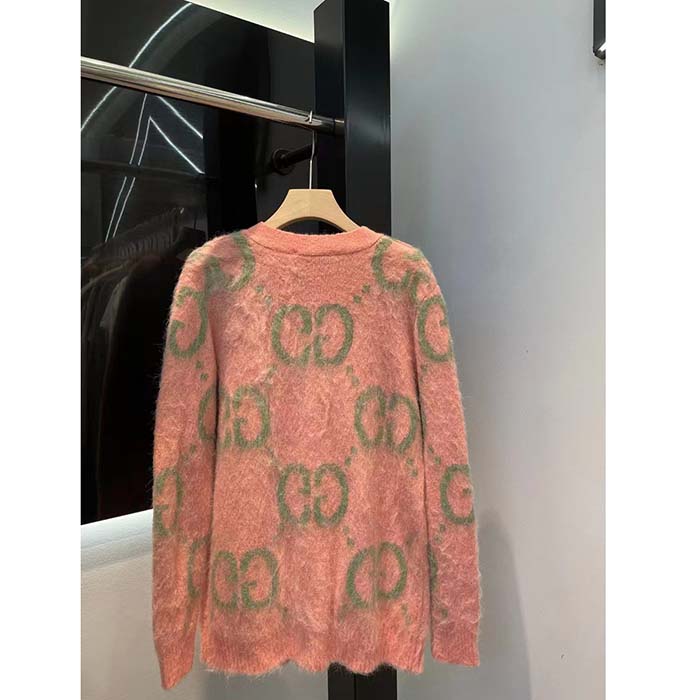 Gucci Women Reversible GG Mohair Cardigan Light Green Pink Brushed Jacquard Wool V-Neck