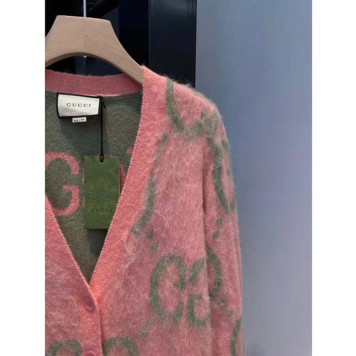 Gucci Women Reversible GG Mohair Cardigan Light Green Pink Brushed Jacquard Wool V-Neck