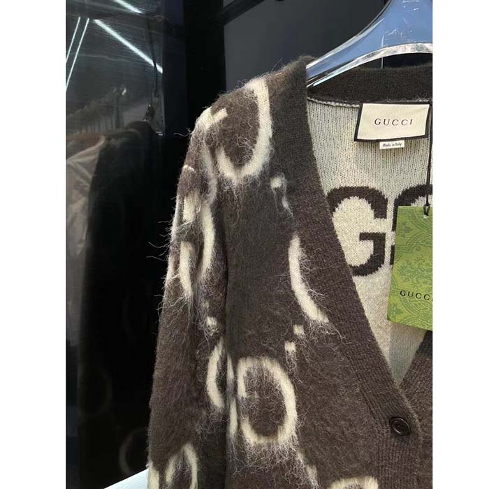 Gucci Men Reversible GG Mohair Wool Cardigan Brushed GG Jacquard Blend V-Neck Front Pockets