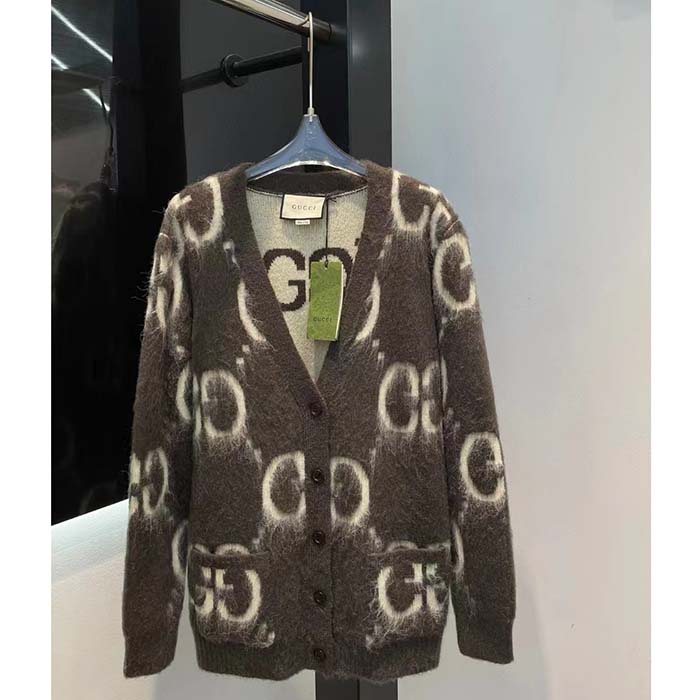 Gucci Women Reversible GG Mohair Wool Cardigan Brushed GG Jacquard Blend V-Neck Front Pockets