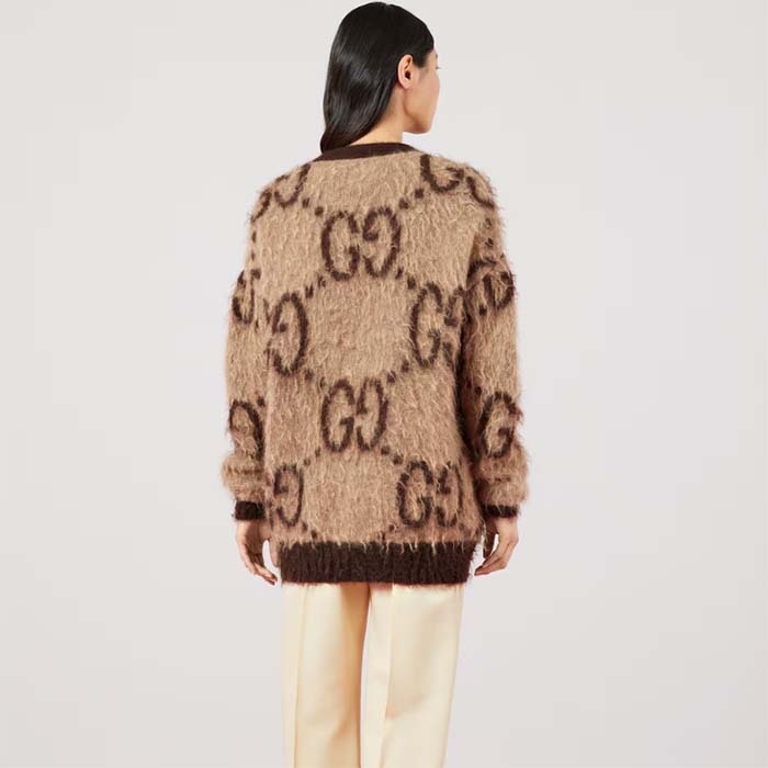 Gucci Women Reversible GG Mohair Wool Cardigan Brushed GG Jacquard Blend V-Neck Front Pockets