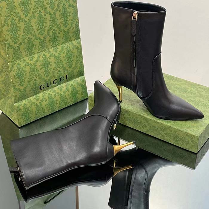 Gucci Women’s Ankle Boot Black Leather Pointed Toe Metal Effect Heel Zip Closure Mid-Heel