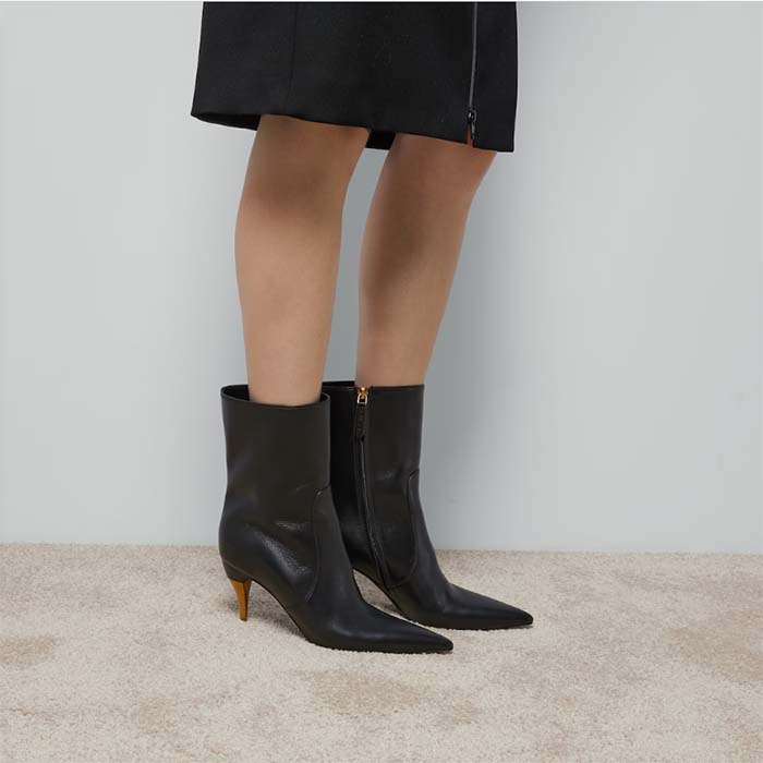 Gucci Women’s Ankle Boot Black Leather Pointed Toe Metal Effect Heel Zip Closure Mid-Heel