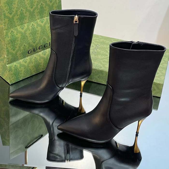 Gucci Women’s Ankle Boot Black Leather Pointed Toe Metal Effect Heel Zip Closure Mid-Heel