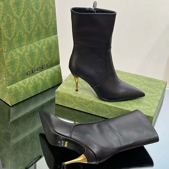 Gucci Women’s Ankle Boot Black Leather Pointed Toe Metal Effect Heel Zip Closure Mid-Heel