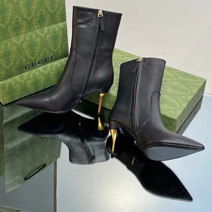 Gucci Women’s Ankle Boot Black Leather Pointed Toe Metal Effect Heel Zip Closure Mid-Heel