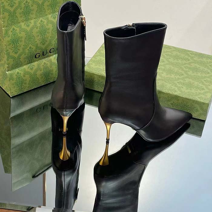 Gucci Women’s Ankle Boot Black Leather Pointed Toe Metal Effect Heel Zip Closure Mid-Heel