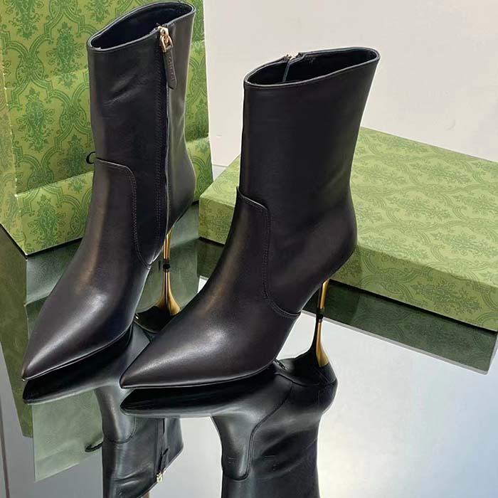 Gucci Women’s Ankle Boot Black Leather Pointed Toe Metal Effect Heel Zip Closure Mid-Heel