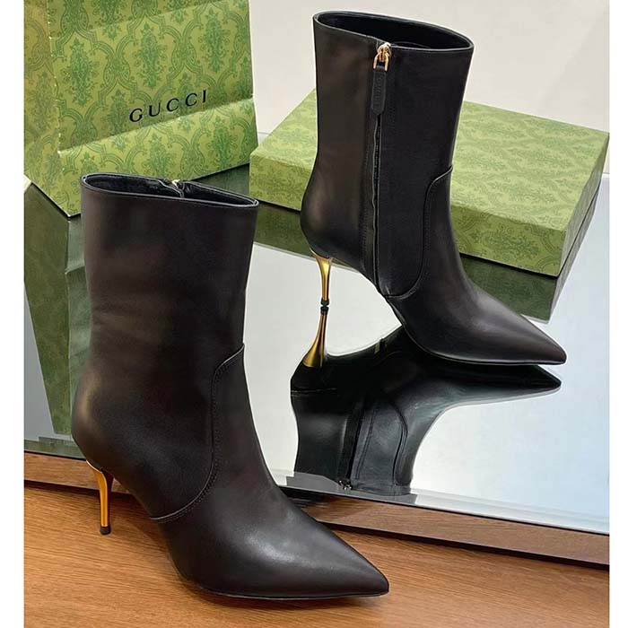 Gucci Women’s Ankle Boot Black Leather Pointed Toe Metal Effect Heel Zip Closure Mid-Heel