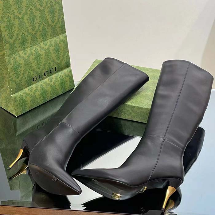 Gucci Women’s Boot Black Leather Pointed Toe Metal Effect Heel Zip Closure Mid-Heel