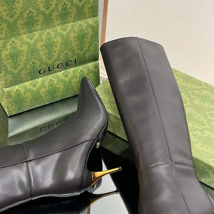 Gucci Women’s Boot Black Leather Pointed Toe Metal Effect Heel Zip Closure Mid-Heel