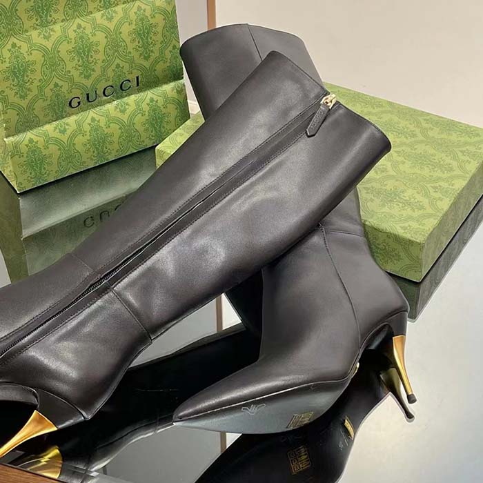 Gucci Women’s Boot Black Leather Pointed Toe Metal Effect Heel Zip Closure Mid-Heel