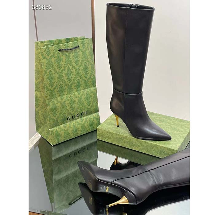Gucci Women’s Boot Black Leather Pointed Toe Metal Effect Heel Zip Closure Mid-Heel