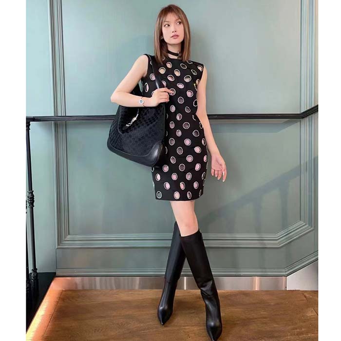 Gucci Women’s Boot Black Leather Pointed Toe Metal Effect Heel Zip Closure Mid-Heel