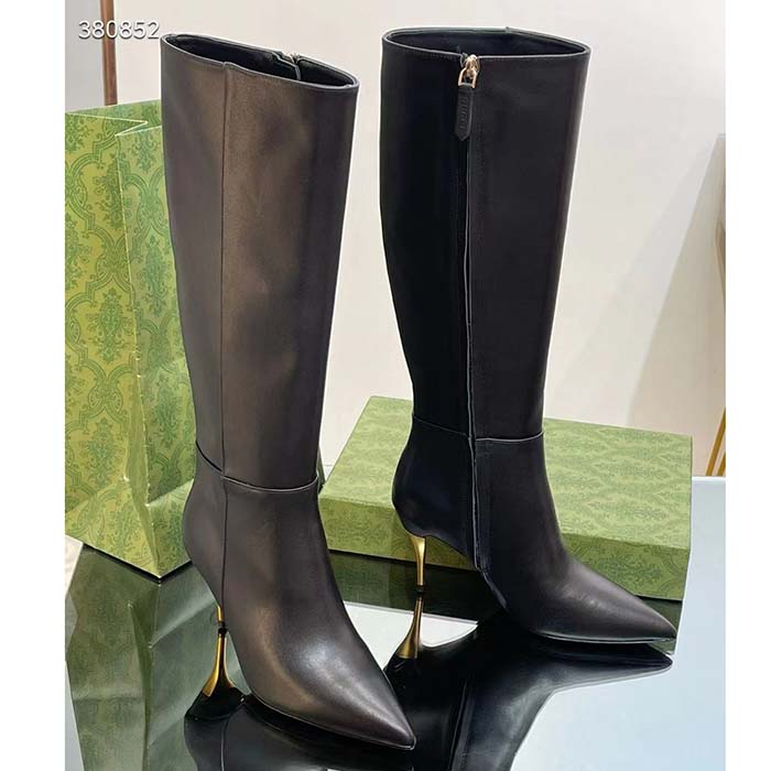 Gucci Women’s Boot Black Leather Pointed Toe Metal Effect Heel Zip Closure Mid-Heel