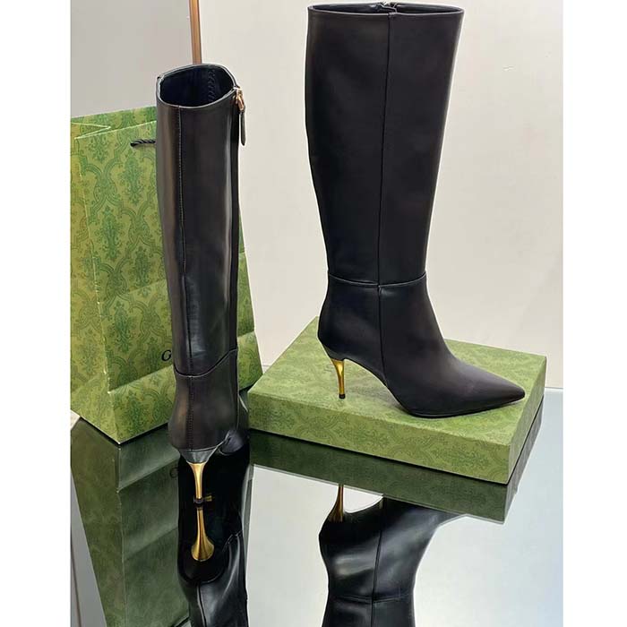 Gucci Women’s Boot Black Leather Pointed Toe Metal Effect Heel Zip Closure Mid-Heel