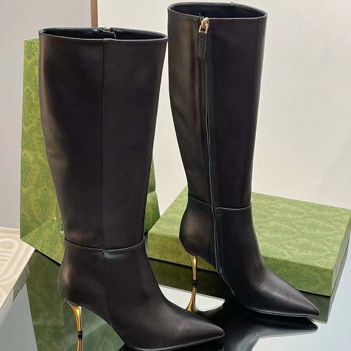Gucci Women’s Boot Black Leather Pointed Toe Metal Effect Heel Zip Closure Mid-Heel