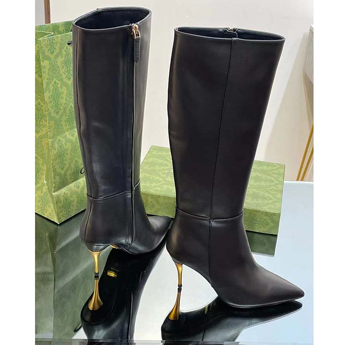 Gucci Women’s Boot Black Leather Pointed Toe Metal Effect Heel Zip Closure Mid-Heel