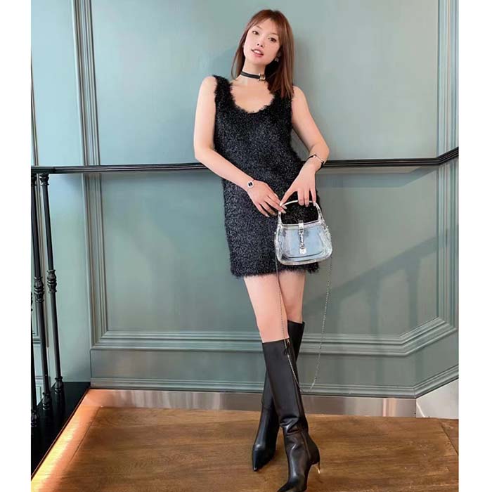 Gucci Women’s Boot Black Leather Pointed Toe Metal Effect Heel Zip Closure Mid-Heel