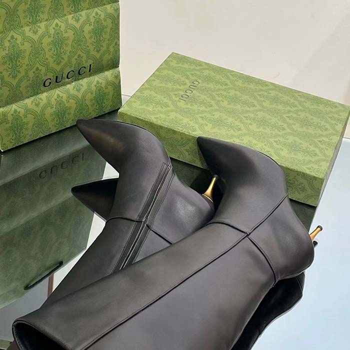 Gucci Women’s Boot Black Leather Pointed Toe Metal Effect Heel Zip Closure Mid-Heel