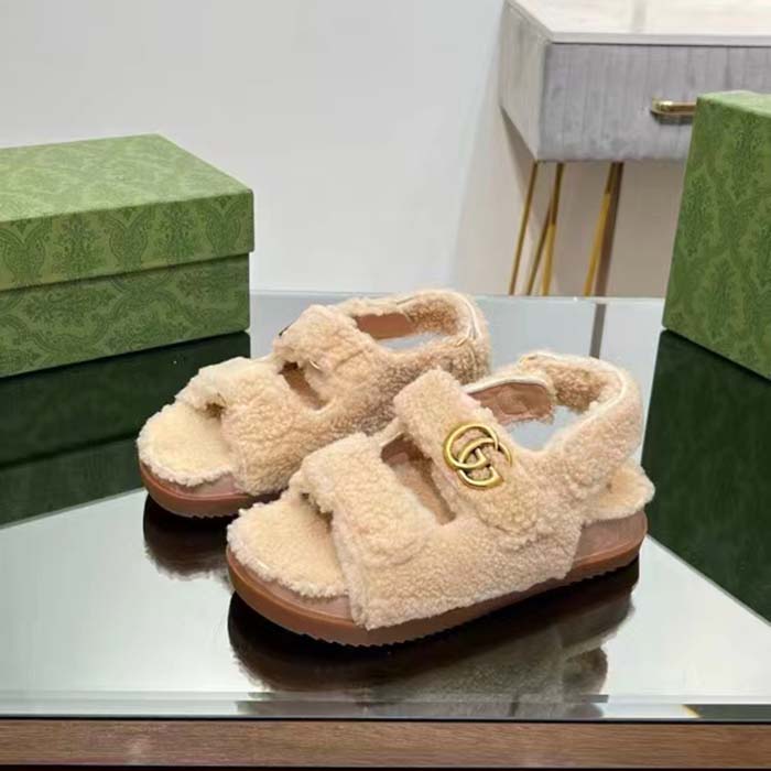 Gucci Women’s GG Double G Sandals Beige Merino Wool Double G Rubber Sole Flat